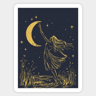 Mystical Woman Reaching for the Moon – Celestial Dreams Sticker